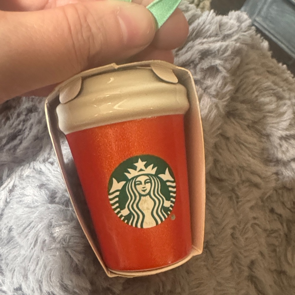 Starbucks shimmery Orange Coffee Cup Ornament with Green Logo